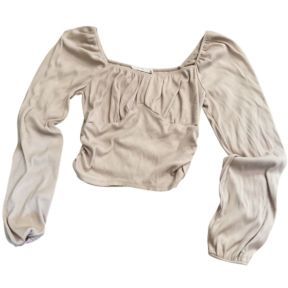 Lush Blush Tan Pink Ribbed Knit Ruched Long Sleeve Square Neck Top Small